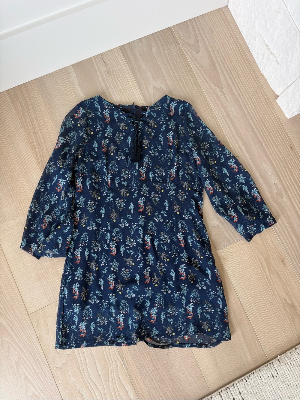 Paper Crane Navy Floral Tie-Neck Long Sleeve Dress